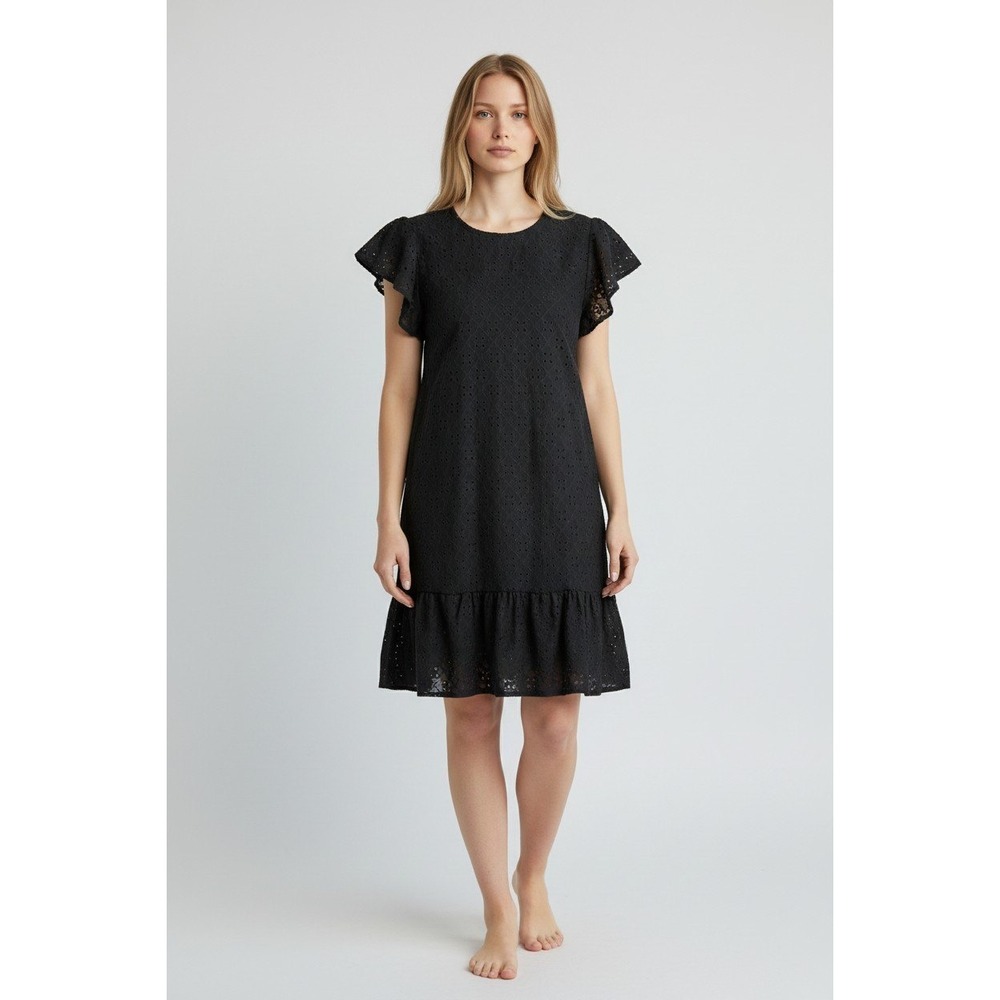 Mady & Nell Womens Black Eyelet Flutter Sleeve Tiered Mini Dress Medium